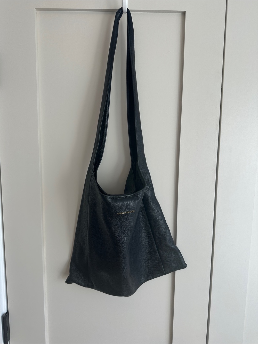 Monserat De Lucca Black Leather Shoulder Bag with Gold Logo
